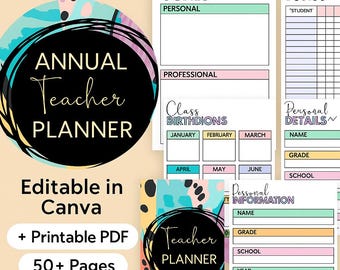 May include: An annual teacher planner with a colorful abstract design. The planner includes sections for year goals, student data, class birthdays, and personal details. The planner is editable in Canva and includes a printable PDF with over 50 pages.