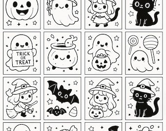May include: A grid of black and white Halloween-themed illustrations. Images include a jack-o'-lantern, ghost, witch, black cat, cauldron, bat, and candy. Some images have stars around them. One ghost holds a sign that says "TRICK OR TREAT."