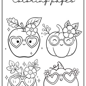 Puede incluir: Dibujo lineal en blanco y negro de páginas para colorear de Acción de Gracias. La imagen presenta una manzana y tres calabazas, cada una con una cara sonriente y gafas. La manzana y las calabazas están decoradas con flores y hojas. El texto "THANKSGIVING Coloring pages" está en la parte superior.