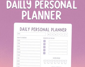 May include: A white daily personal planner with a purple gradient background. The planner includes sections for scheduling, priorities, and water intake. The text "DAILLY PERSONAL PLANNER" is at the top.