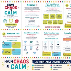 May include: A collection of 33 printable ADHD toolkit pages featuring colorful text, icons, and checklists. The documents include guides for routines, homework tricks, bathroom tasks, and transition plans, all designed with clear headings and visual supports.