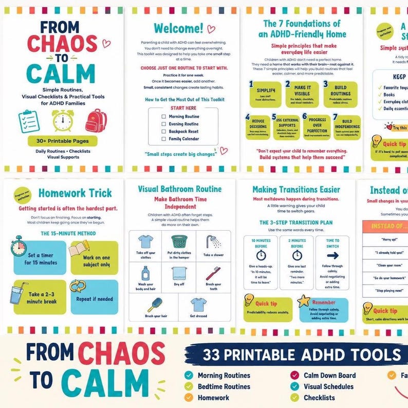 May include: A collection of 33 printable ADHD toolkit pages featuring colorful text, icons, and checklists. The documents include guides for routines, homework tricks, bathroom tasks, and transition plans, all designed with clear headings and visual supports.