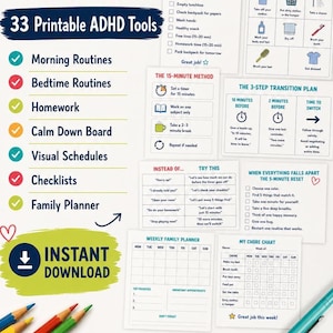 May include: A collection of 33 printable ADHD tools including morning and bedtime routines, homework aids, a calm down board, visual schedules, checklists, and a family planner. The documents feature text, icons, and charts for organization.