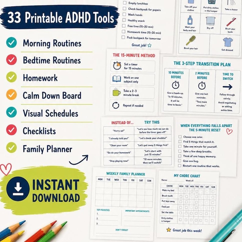 May include: A collection of 33 printable ADHD tools including morning and bedtime routines, homework aids, a calm down board, visual schedules, checklists, and a family planner. The documents feature text, icons, and charts for organization.