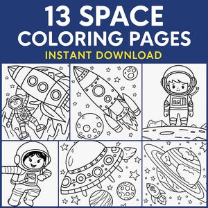 Puede incluir: Dibujos lineales en blanco y negro de 13 páginas para colorear con temática espacial. Las imágenes incluyen cohetes, astronautas, planetas y un OVNI. El texto "13 SPACE COLORING PAGES INSTANT DOWNLOAD" está en la parte superior.