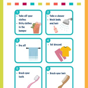May include: A set of Bathroom Routine Cards featuring six numbered steps with illustrations. The text includes instructions like Take off your clothes, Take a shower, Dry off, Get dressed, Brush your teeth, and Brush your hair with colorful icons.