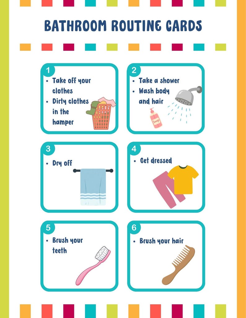 May include: A set of Bathroom Routine Cards featuring six numbered steps with illustrations. The text includes instructions like Take off your clothes, Take a shower, Dry off, Get dressed, Brush your teeth, and Brush your hair with colorful icons.