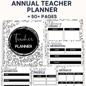 Puede incluir: Un planificador de profesores en blanco y negro con el texto "ANNUAL TEACHER PLANNER + 50+ PAGES". La portada presenta un círculo negro con las palabras "Teacher PLANNER". Las páginas interiores incluyen secciones para información personal, perfiles de estudiantes y cumpleaños.