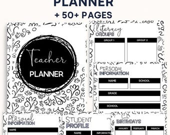 May include: A black and white teacher planner with the text "ANNUAL TEACHER PLANNER + 50+ PAGES". The cover features a black circle with the words "Teacher PLANNER". Inside pages include sections for personal information, student profiles, and birthdays.