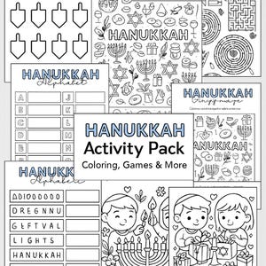 Puede incluir: Un paquete de actividades de Hanukkah en blanco y negro con páginas para colorear, laberintos y juegos de palabras. La portada dice "Hanukkah Activity Pack: Coloring, Games & More". Incluye imágenes de dreidels, menorás y estrellas.
