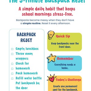 May include: A colorful infographic titled The 5-Minute Backpack Reset with a checklist including empty lunchbox, throw away wrappers, check for homework, pack homework, refill water bottle, and put backpack by the door, plus tips and a challenge.