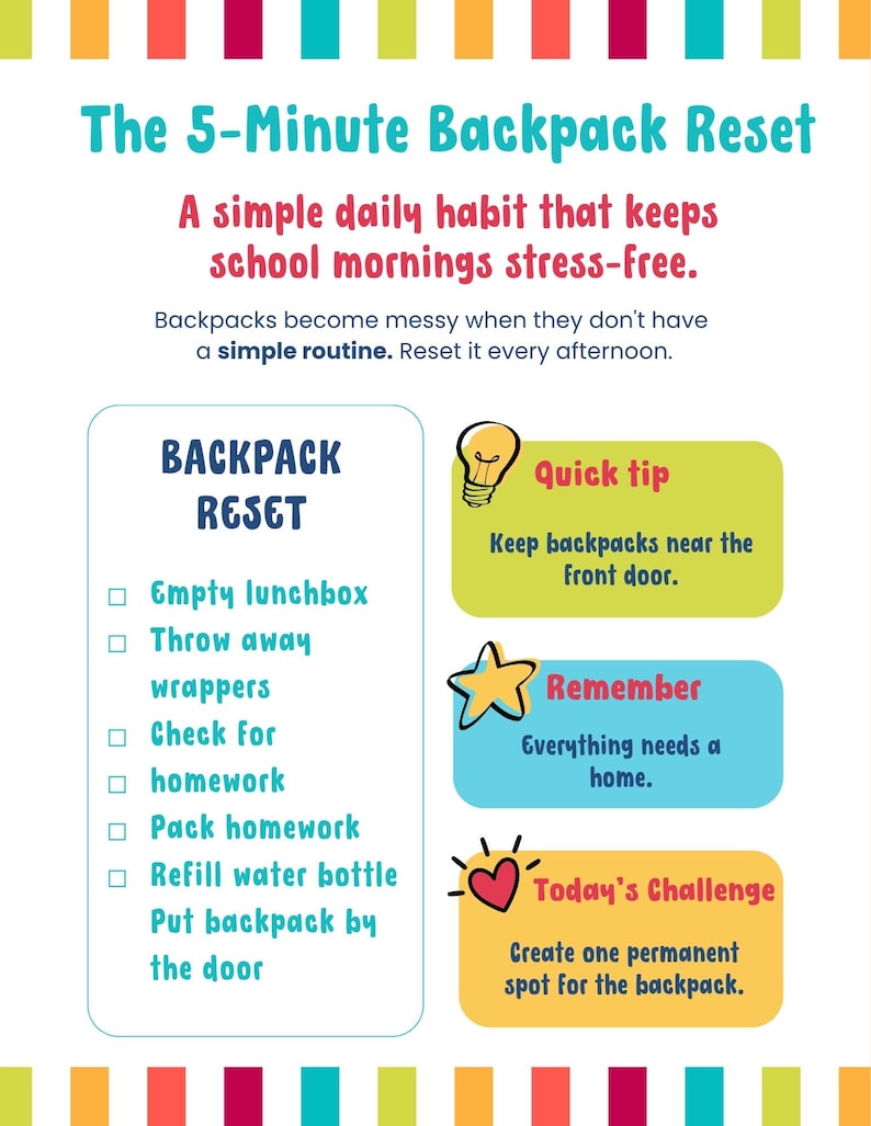May include: A colorful infographic titled The 5-Minute Backpack Reset with a checklist including empty lunchbox, throw away wrappers, check for homework, pack homework, refill water bottle, and put backpack by the door, plus tips and a challenge.