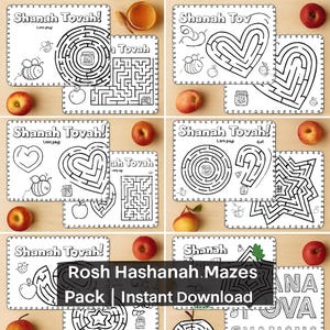 Puede incluir: Una colección de laberintos de Rosh Hashaná en blanco y negro con el texto "Shanah Tovah!" y "Rosh Hashanah Mazes Pack | Instant Download". Los laberintos presentan manzanas, miel y otros símbolos festivos.