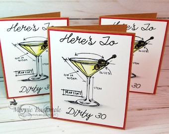 Here's To Dirty Thirty,  Dirty Martini, Funny Birthday Card, Thirtieth Birthday Card, Martini Birthday Card, 30th Birthday