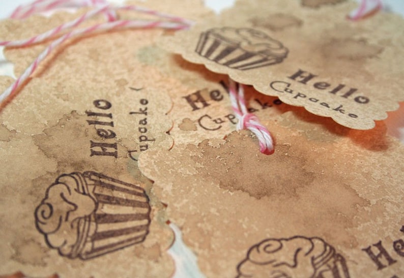 Set of 4 Gift Tags Food Tag Party Favors Handmade Gift Tags Food Gifts For Cupcake Gifts Vintage Style Hello Cupcake Baking Tags