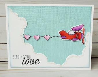 Sending Love, Handmade Greeting Card, Airplane Card, Clouds Card, Valentine Card, Love Card, Anniversary Card