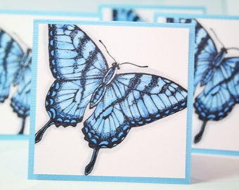 Cool Blue Butterfly, Mini Note Cards, Set of 4 Envelopes Included, Blue Butterfly Card, Note Card Set, Swallowtail Butterfly, Hand Colored