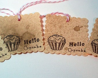 Hello Cupcake, Gift Tags, Vintage Style(Set of 4) For Cupcake Gifts, Party Favors, Handmade Gift Tags  Food Gifts, Baking Tags, Food Tag