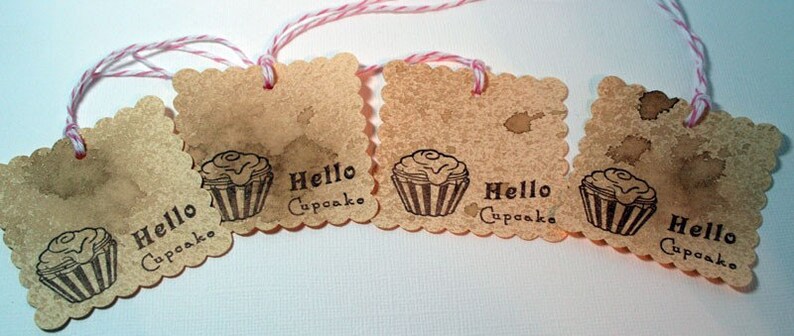 Set of 4 Gift Tags Food Tag Party Favors Handmade Gift Tags Food Gifts For Cupcake Gifts Vintage Style Hello Cupcake Baking Tags
