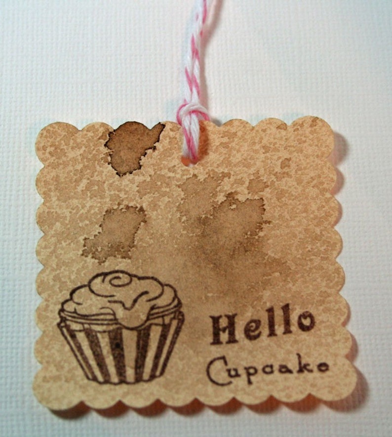 Set of 4 Gift Tags Food Tag Party Favors Handmade Gift Tags Food Gifts For Cupcake Gifts Vintage Style Hello Cupcake Baking Tags