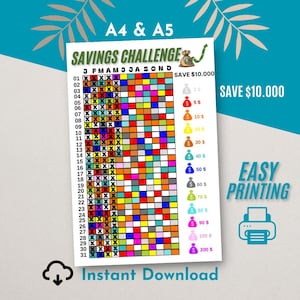 May include: A printable savings challenge chart with a colourful grid of squares. The chart is designed to help you save £10,000 over the course of a year. The chart includes a column for each month of the year and a row for each day of the month. Each square has a different colour and a pound sterling amount associated with it. The chart also includes a small image of a money bag with a pound sterling amount next to it.