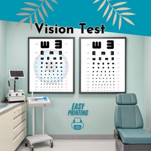 Op de afbeelding: Een optometristenkamer met twee ingelijste oogkaarten met de tekst "Vision Test". De kaarten tonen het "E"-symbool in verschillende maten. Een turquoise onderzoeksstoel en medische apparatuur zijn ook aanwezig.