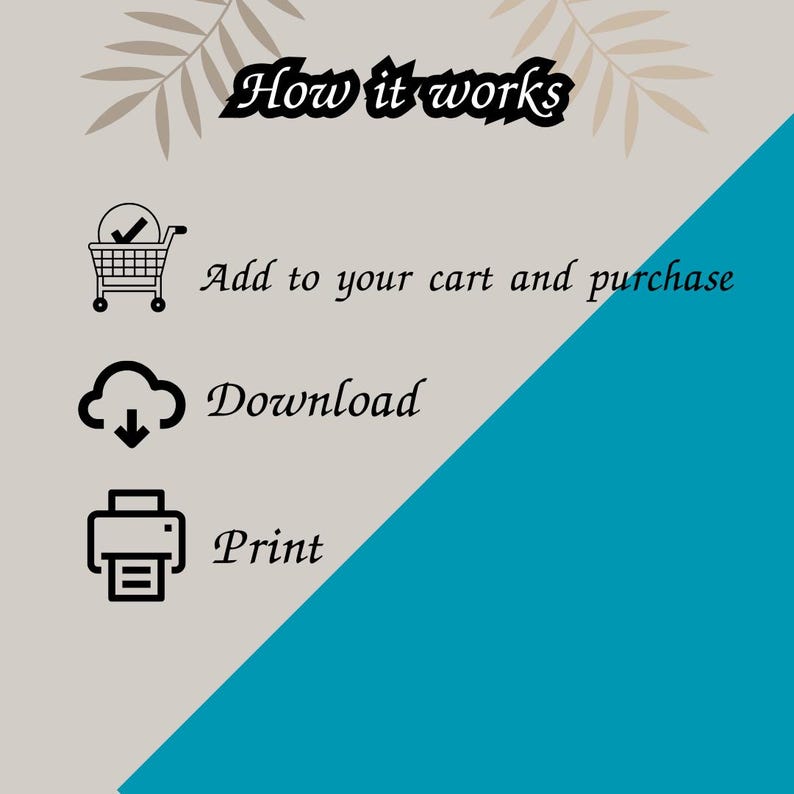 Op de afbeelding: Een infographic met de tekst "How it works" in een decoratief lettertype. De stappen worden ge&iuml;llustreerd met pictogrammen: een winkelwagen, een wolk met een pijl naar beneden en een printer. De tekst onder de pictogrammen luidt "Add to your cart and purchase", "Download" en "Print".