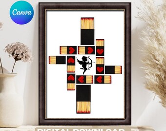 Matchbox Valentine-posterkunst: canvasjabloon Cupido en harten (digitale download)