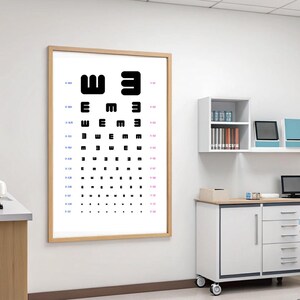 Op de afbeelding: Een ingelijste oogtestkaart met zwarte letters en symbolen, waaronder de letter "E" in verschillende maten, hangt aan een witte muur. De kaart zit in een lichtbruine houten lijst.