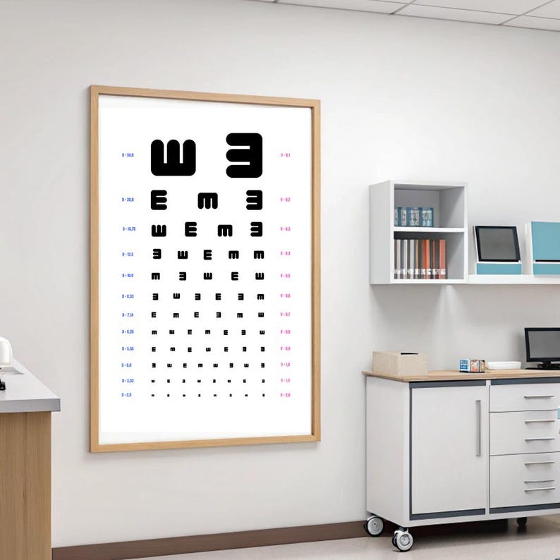 Op de afbeelding: Een ingelijste oogtestkaart met zwarte letters en symbolen, waaronder de letter "E" in verschillende maten, hangt aan een witte muur. De kaart zit in een lichtbruine houten lijst.