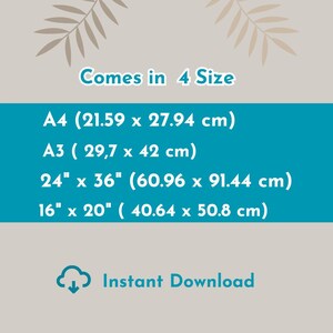 Op de afbeelding: Advertentie voor een digitale kunstafdruk met de tekst "Comes in 4 Size". De maten zijn A4 (21,59 x 27,94 cm), A3 (29,7 x 42 cm), 24" x 36" (60,96 x 91,44 cm) en 16" x 20" (40,64 x 50,8 cm). De tekst "Instant Download" is ook aanwezig.