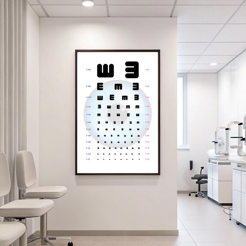 Op de afbeelding: Een ingelijste oogtestkaart met zwarte letters en symbolen, gebruikt voor het testen van het gezichtsvermogen. De kaart bevindt zich in een witte kamer met stoelen en medische apparatuur, wat duidt op een optometriekliniek.