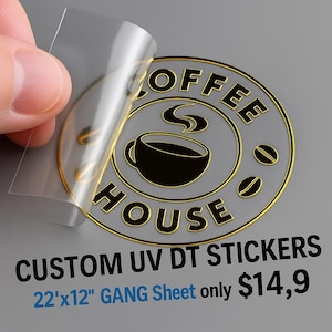 Adesivos de transferência UV personalizados – Etiquetas personalizadas com logotipo e marca | Tamanho personalizado, opções de folha dourada/prateada, serviço de design gratuito