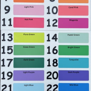 May include: A color chart with 28 different colors, numbered 1 through 28. Each color has a name written below it, such as white, red, banana, sunflower, light pink, hot pink, fluro green, grass green, dark green, turquoise, light purple, dark purple, light blue, mid blue, colbalt blue, dark blue, beige, caramel, brown, and black.