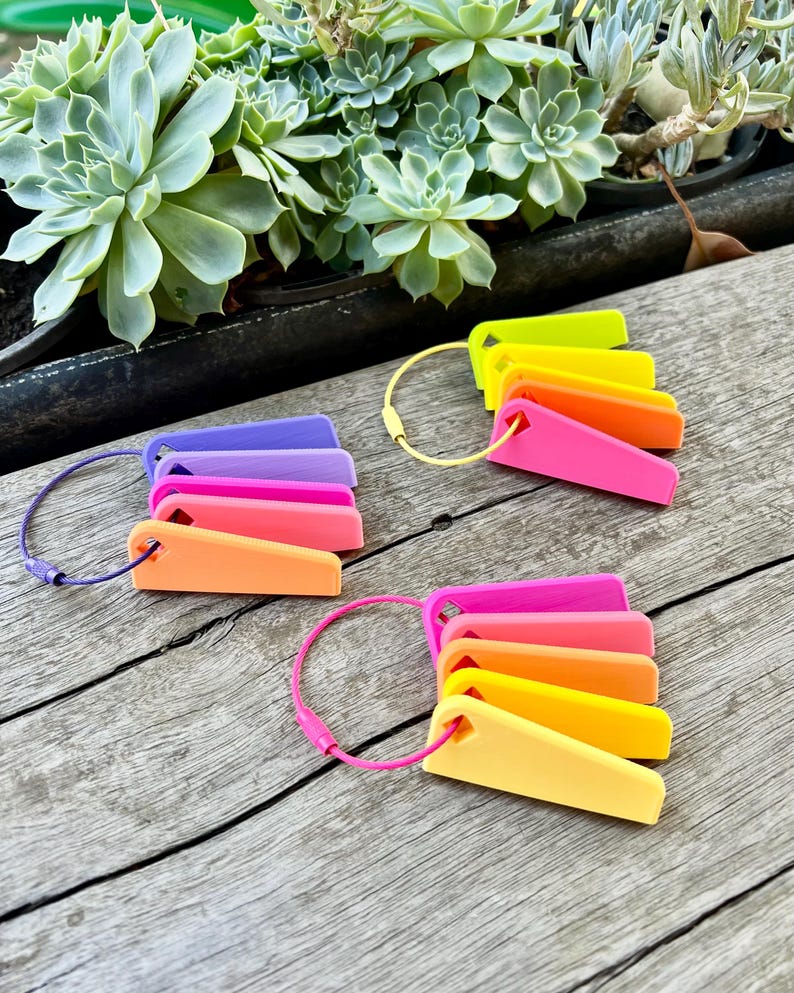 May include: A set of colorful plant markers with a rainbow color scheme. The markers are made of plastic and have a triangular shape. They are attached to a metal ring.