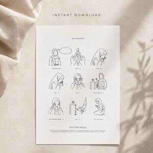 Könnte beinhalten: Ein weißer Druck mit schwarzen Strichzeichnungen, die die Schritte des Wudu veranschaulichen, mit dem Text "Instant Download" oben. Der Druck enthält den Text "Say Bismillah" und "Du'a after Wudu".