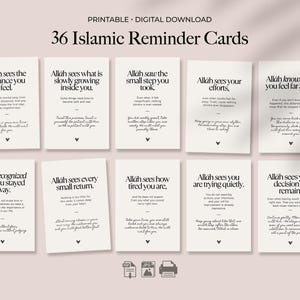 May include: A digital download of 36 Islamic reminder cards. Each card has a cream background with black text, displaying inspirational quotes. The words "PRINTABLE • DIGITAL DOWNLOAD" are at the top. The cards are arranged in a grid.