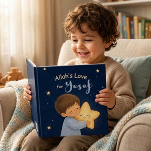 Peut inclure: Un livre carré à couverture rigide bleu foncé avec le texte Allah's Love for Yusuf. L'illustration de couverture représente un enfant en pyjama bleu clair serrant une étoile jaune souriante sur un fond de petites étoiles jaunes.