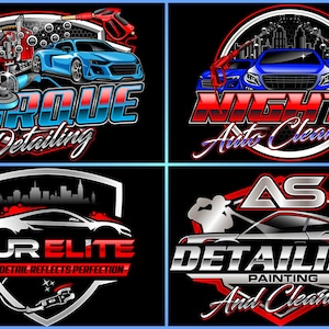 May include: Four different car detailing business logos. The first logo is blue and red with the text "TORQUE Detailing". The second logo is red and blue with the text "NIGHTX Auto Cleaning". The third logo is red and silver with the text "AUR ELITE EVERY-DETAIL-REFLECTS PERFECTION". The fourth logo is red and silver with the text "AS DETAILING PAINTING And Cleaning".