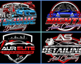 May include: Four different car detailing business logos. The first logo is blue and red with the text "TORQUE Detailing". The second logo is red and blue with the text "NIGHTX Auto Cleaning". The third logo is red and silver with the text "AUR ELITE EVERY-DETAIL-REFLECTS PERFECTION". The fourth logo is red and silver with the text "AS DETAILING PAINTING And Cleaning".
