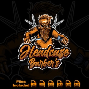 Könnte beinhalten: Ein Friseursalon-Logo mit einem Schädel mit Bart, der ein Rasiermesser und einen Kamm hält. Das Logo ist in Orange- und Brauntönen gehalten, mit dem Text "Headcase Barber's" in einer stilisierten Schriftart. Scheren befinden sich hinter dem Schädel.
