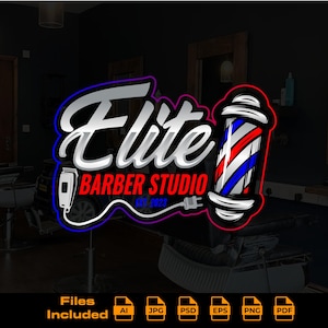 May include: A logo for Elite Barber Studio, featuring stylized text and a barber pole. The design includes a white and silver script for "Elite" and red text for "Barber Studio EST 2023". A barber pole with red, white, and blue stripes is also included.