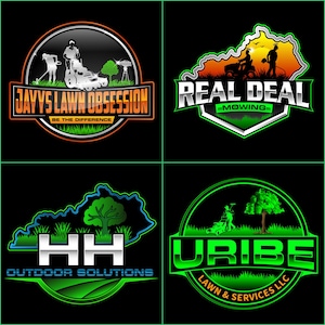 Puede incluir: Cuatro logotipos diferentes para empresas de cuidado de césped. El primer logotipo es un círculo verde, naranja y plateado con el texto "JAYYS LAWN OBSESSION" y "BE THE DIFFERENCE". El segundo logotipo es un escudo verde, naranja y plateado con el texto "REAL DEAL - MOWING - ". El tercer logotipo es un contorno verde, azul y plateado del estado de Kentucky con el texto "HH OUTDOOR SOLUTIONS". El cuarto logotipo es un círculo verde con el texto "URIBE LAWN & SERVICES LLC".