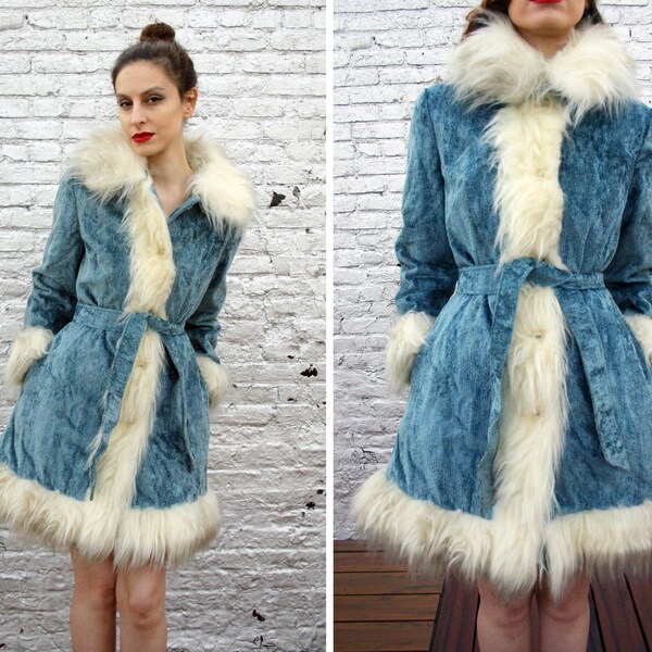 Unique VTG 60's BLUE Russian Ice Princess Carpet COAT Faux White Fur Mod S M small medium