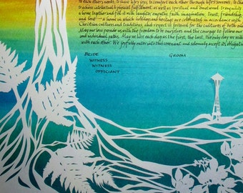 Hops Vines and Fern Fronds Papercut Ketubah - Seattle - calligraphy in Hebrew and English