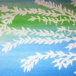 May include: A watercolor painting of a white silhouette of a leafy branch against a gradient background of green, light blue, and dark blue.