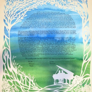 Piano Rapsodia en el Meadow Papercut Ketubah - azul cielo verde hierba - hamsa - caligrafía personalizada Hebreo Inglés