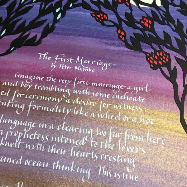 Papercut artwork - Anniversary or wedding gift - Trees at sunset with pangolins - hand lettering of poem The First Marriage