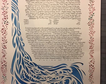 Ocean Waterfall and Roses papercut ketubah - hand lettering Hebrew Aramaic English