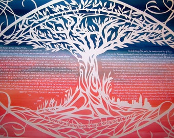 Tree of Life papercut Ketubah with Charlotte NC skyline - wedding artwork Hebrew calligraphy